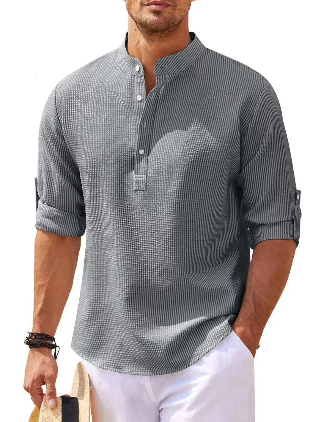 European and American mens long sleeved shirt stand up collar half open button shirt mens casual shirt top pine plaid 250116