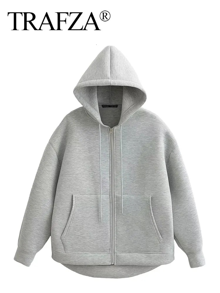 TRAFZA Autumn Women Gray Jacket With Hood Long Sleeve Big Pocket Zipper Coat Woman Loose Casual Outerwear Tops 250109