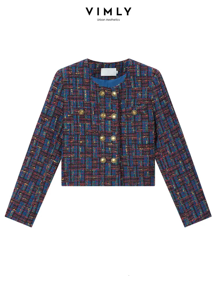 VIMLY Cropped Tweed Jacket for Women Spring Elegant Contrast Plaid Double Breasted Short Woolen Coat Female Outerwear 16106 250122