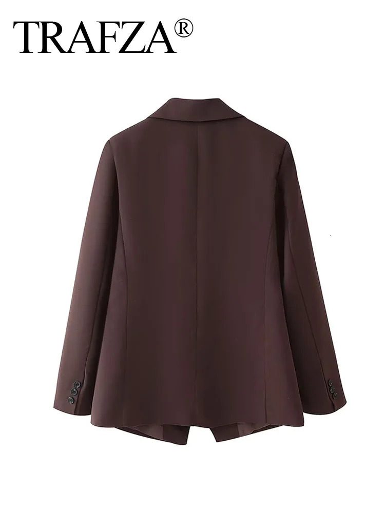 TRAFZA Female Coats Solid Brown TurnDown Collar Long Sleeves Pockets 2 Buttons Blazers Autumn Womans Clothing Vintage 250120