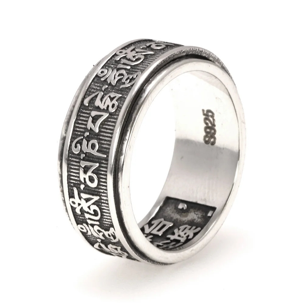 Real 925 Sterling Silver Vintage Rings For Men Rotatable Tibetan Six Words Mantra Rings Om Mani Padme Hum Buddhist Jewelry 250117