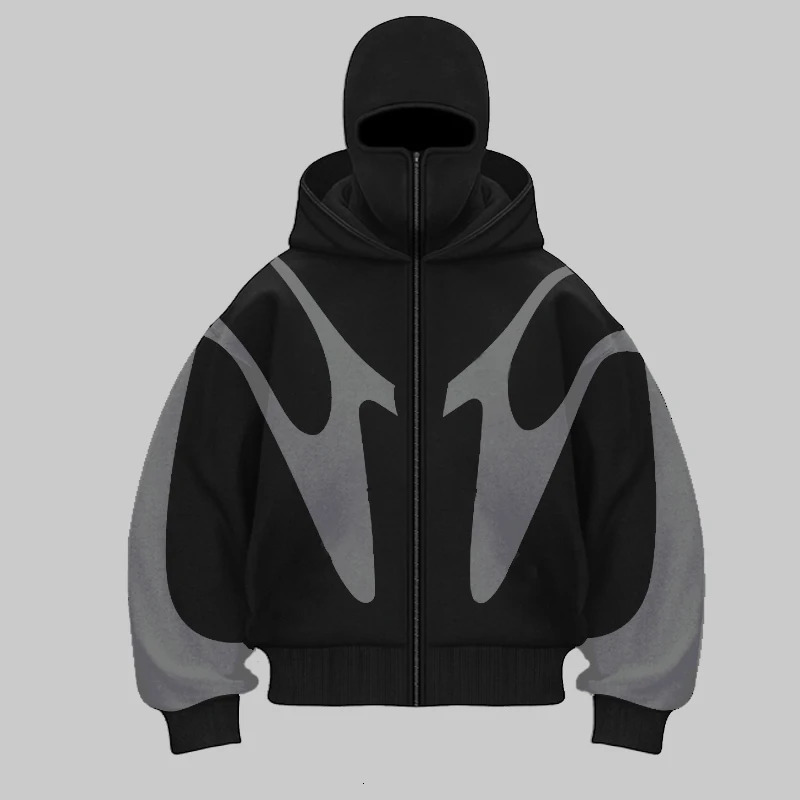 Retro Printed Devil Pattern Double Hat Style Hoodie Y2K Harajuku Casual Couple Zipper Hoodie Sportswear Fashion Street Clothing 250109