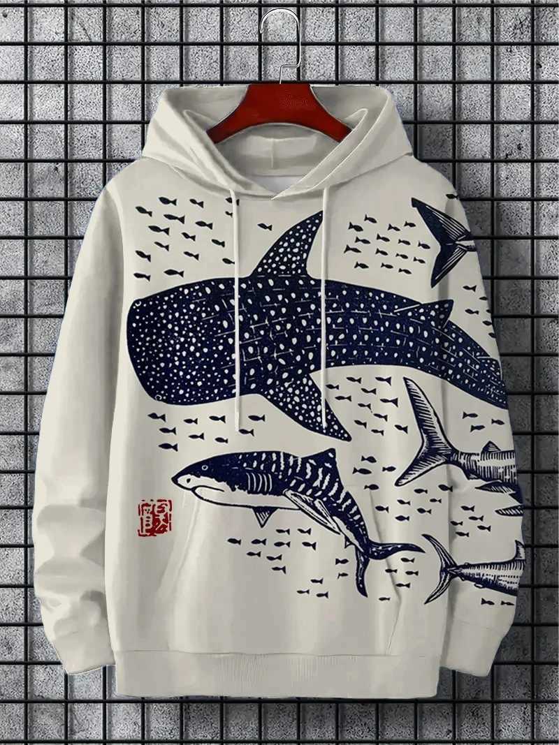 Funny Japanese Harajuku fashion mens hoodie casual y2k hoodie mens autumn and winter sea whale pattern sports hoodie W250117