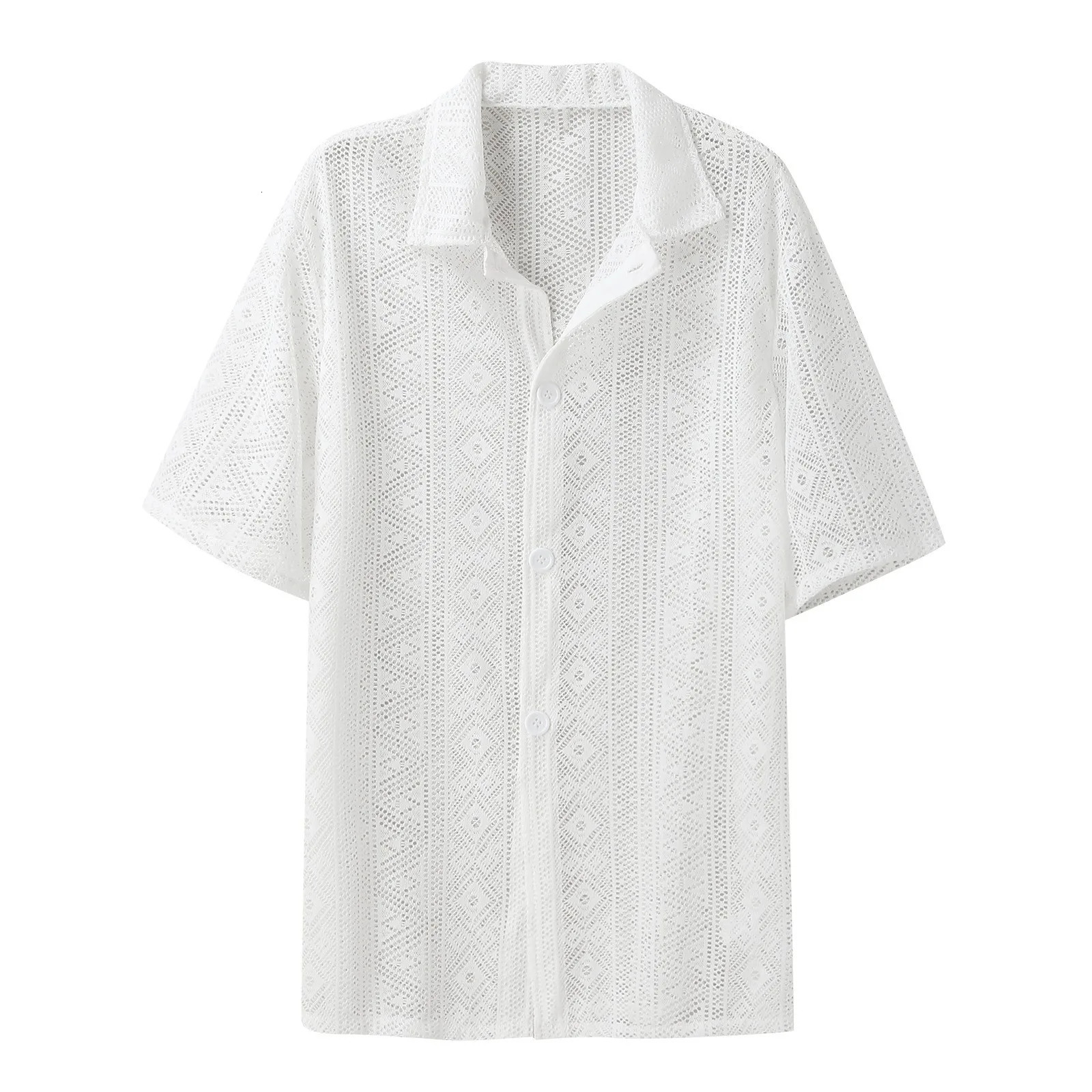 Summer Mens Clothing Mesh See Through Mesh Sexy Shirt Short Sleeve Fishnet Button-down Retro Chic Streetwear Party Blouse S-5XL 250118