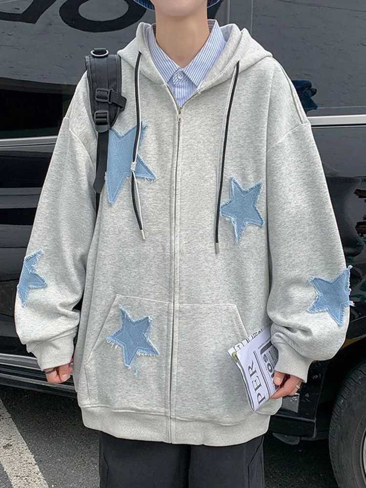 Y2k Hip Hop Womens Star Patch Zip Up Hoodie for Women Oversized Sweatshirt Jacket E-Girl 90s Pullover Gothic Streetwear W250117