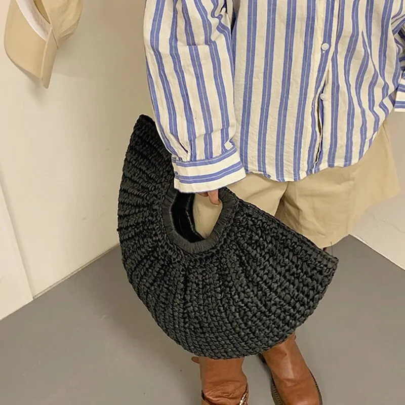 Summer Straw Women Half-moon Beach Handbag Rattan Handmade Handle Fashion Kintted Tote Bag 250207