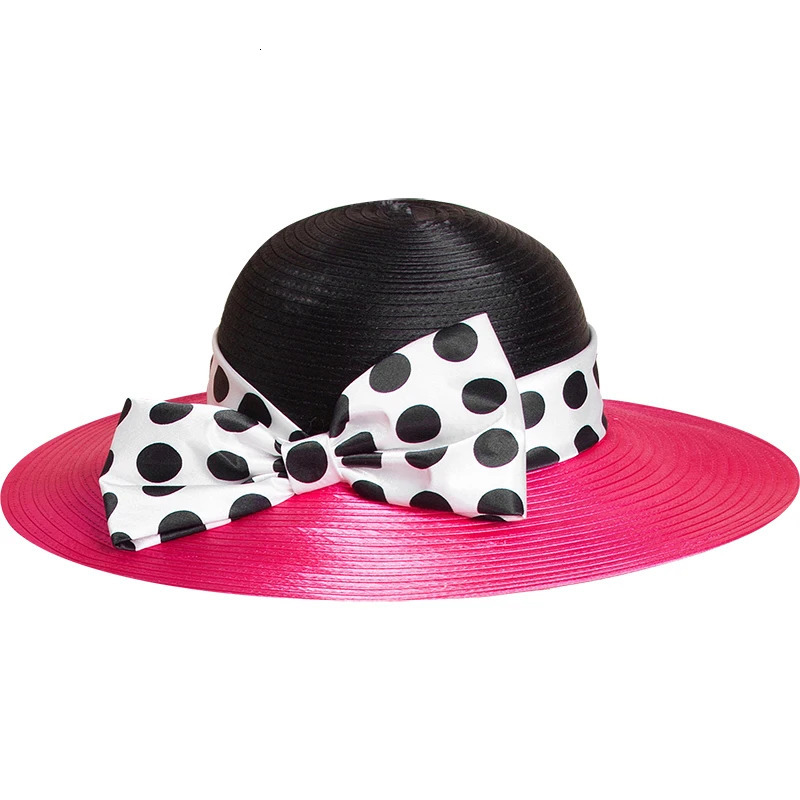 FS Elegant Women Wide Brim Rose Black Patchwork Polka Dots Kentucky Hat For Wedding Party Big Bowknot Fedora Beach Cap 250118