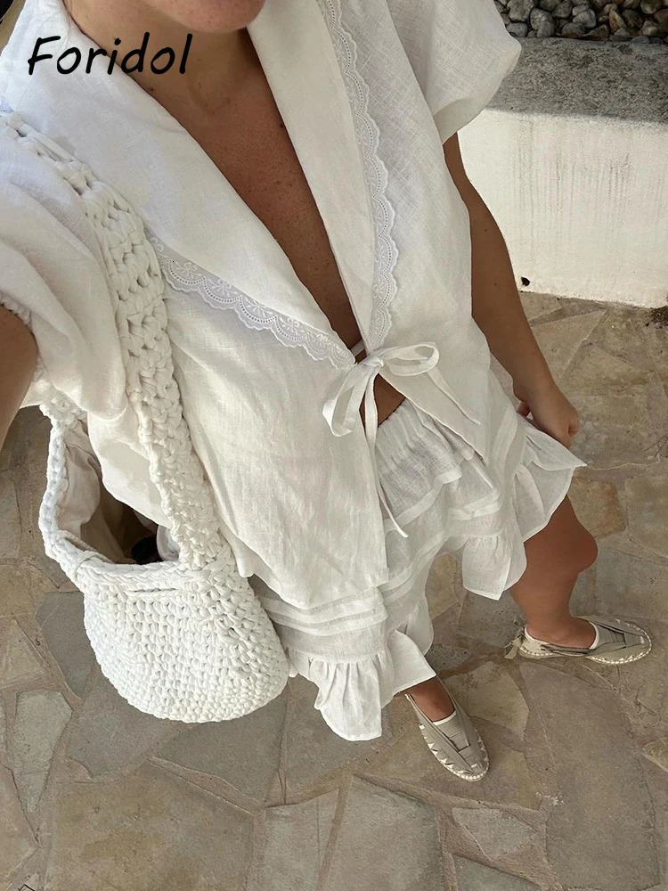 Foridol White Cotton Linen Womens Leather Cover 2-piece Matching Set Lace Decorative Ruffle Dress Set Casual Womens Set 250110