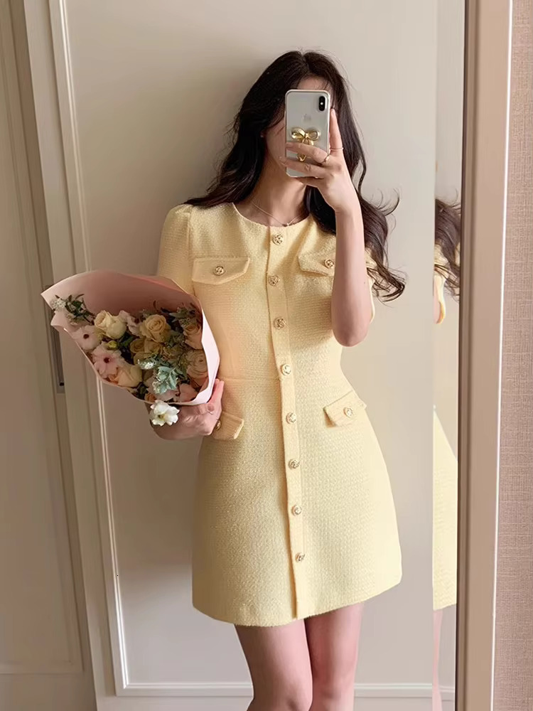 Temperament Small Fragrance O-Neck Vestidos 2024 Summer Korean Chic High Sense Tweed Puff Sleeve Dress Short Dresses Woman