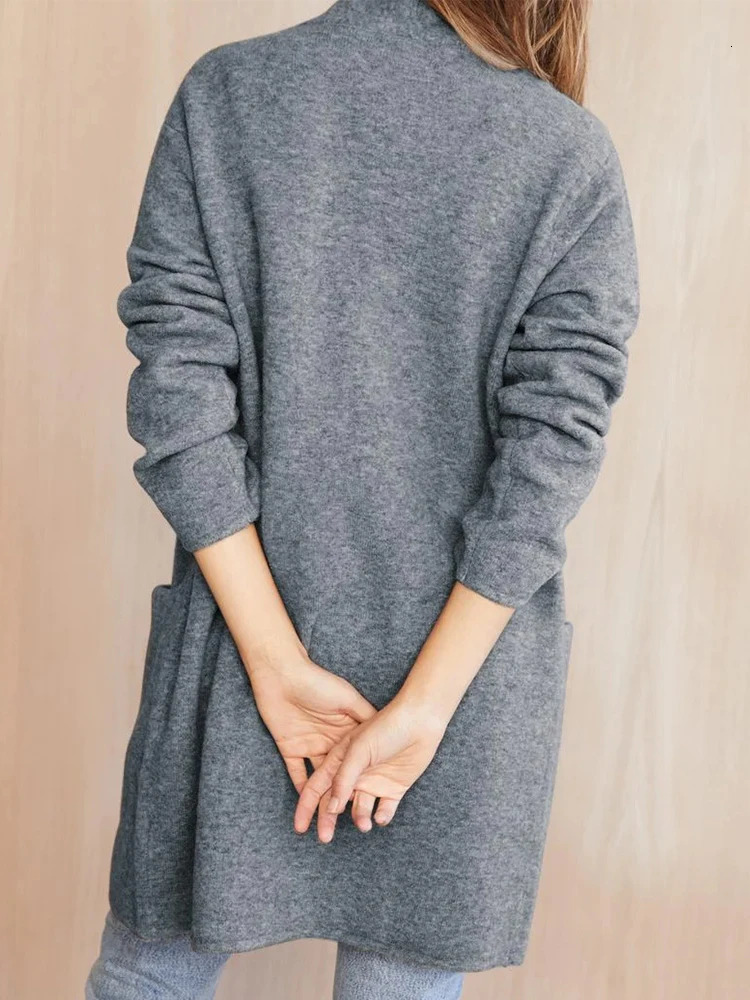 Autumn and Winter Womens Knitted Cardigan Sweater Temperament and Elegant Solid Color Long Sweater with Pocket 250116