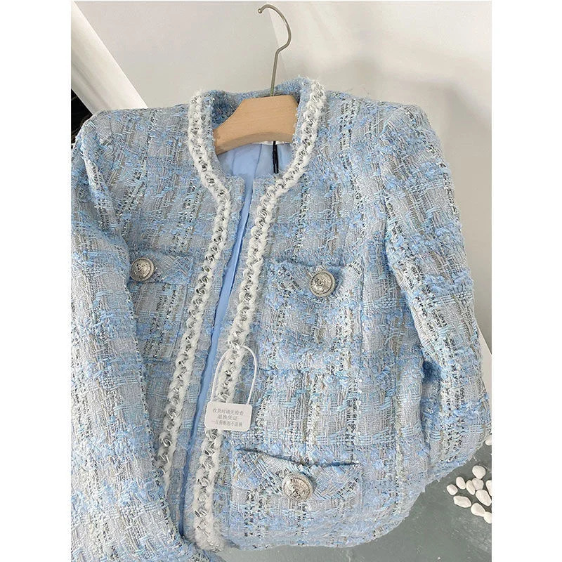 2023 Autumn Blazer Women Small Fragrant Woven Tweed Gentle Elegant Short Qulited Plaid Jacket Office Lady Cardigan Tops Coat 250113