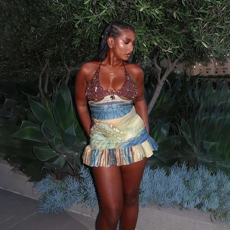 Women Holiday Beach Two Piece Set Crystals Knitted Patchwork Lace Up Halter Backless Tank Tops Ruffles Printed Mini Skirt Suit 250113