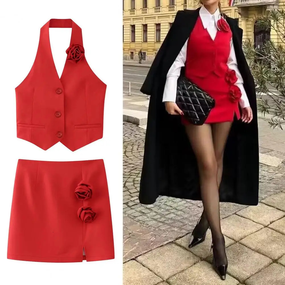 Women Vest Skirt 3D Rose Decor Split Hem Slim Fit Mini Halter Neck Off Shoulder Tops Waistcoat Prom Party Clothes 250122