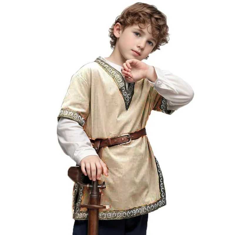 Childrens medieval costume Viking pirate shirt Knight cotton linen retro tuned top Renaissance V-neck childrens Halloween W250117