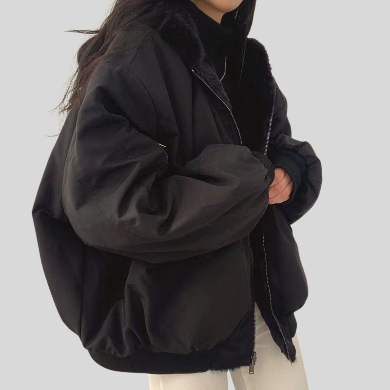 South Korea velvet thickened two sides wear lamb wool cotton clothes women's coat winter new loose hooded cotton coat top