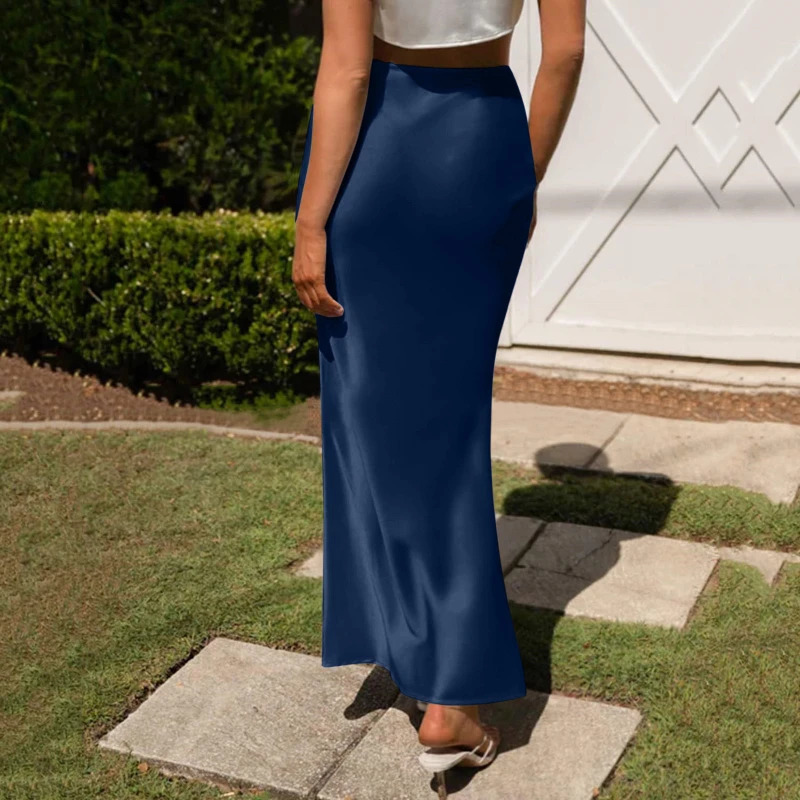 Woman Clothing Fashion Silky Smooth Satin Skirt Midi Skirt Mid Elastic Waist Grace Leisure Temperament Female Chic Lady Skirts 250117