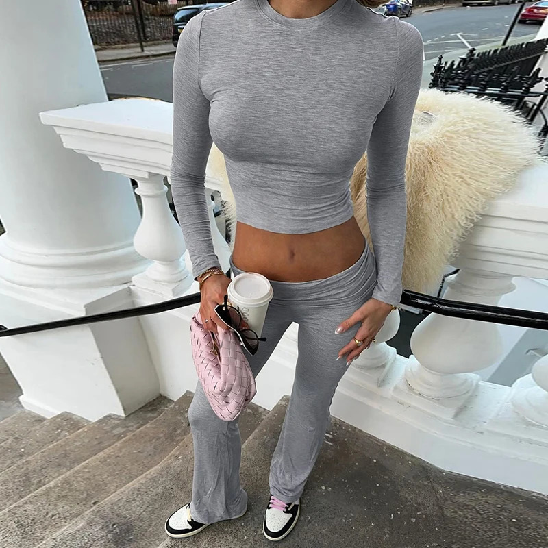 Rockmore Casual Minimalist Solid Womens Long Sleeve Crew Collar T-shirt Low Waist Pants Set Comfortable Breathable Two Piece Set 250118