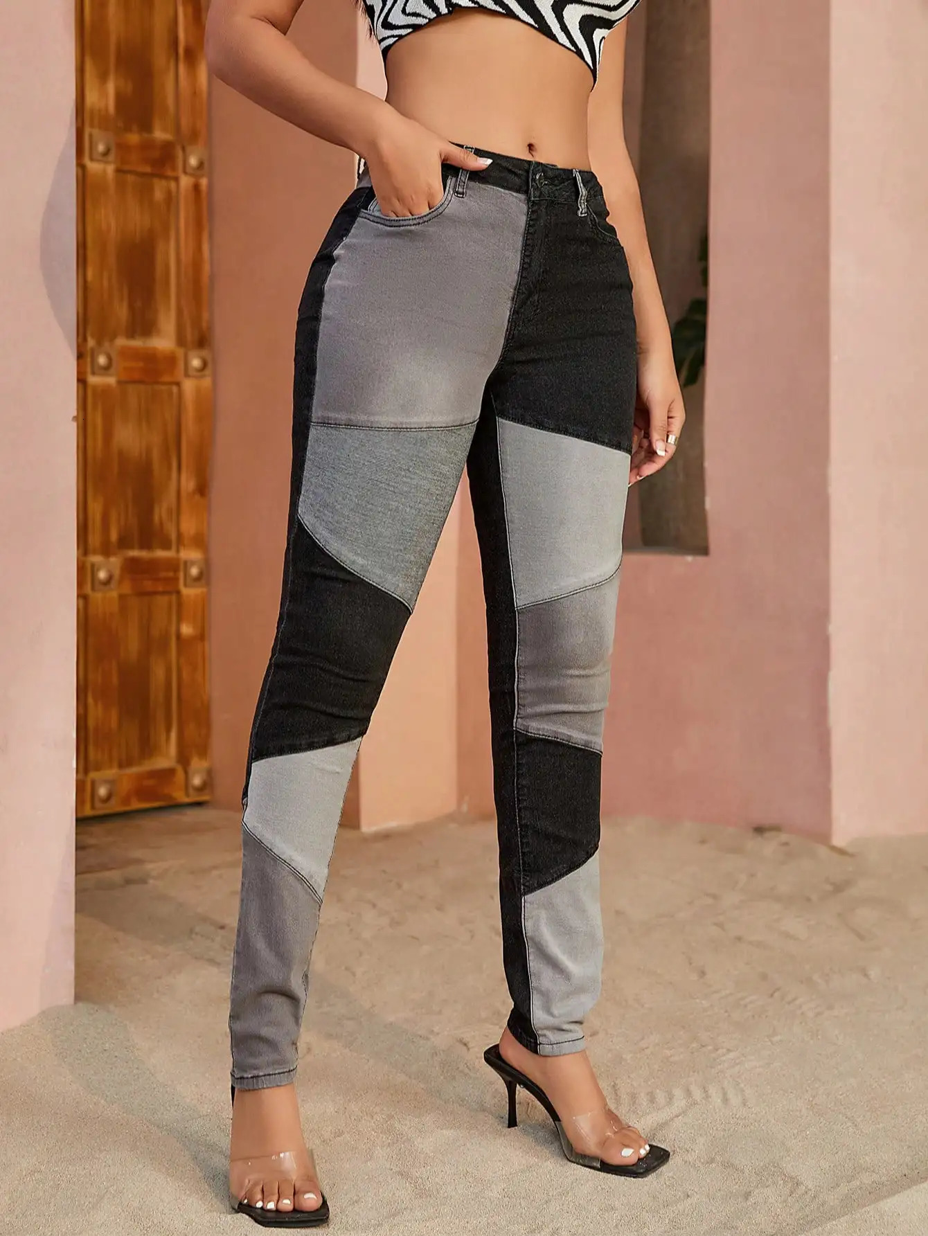 Vintage Mid Waist Stretchy Slant Pocket Patchwork Pants Colorblock Skinny Jeans 250122