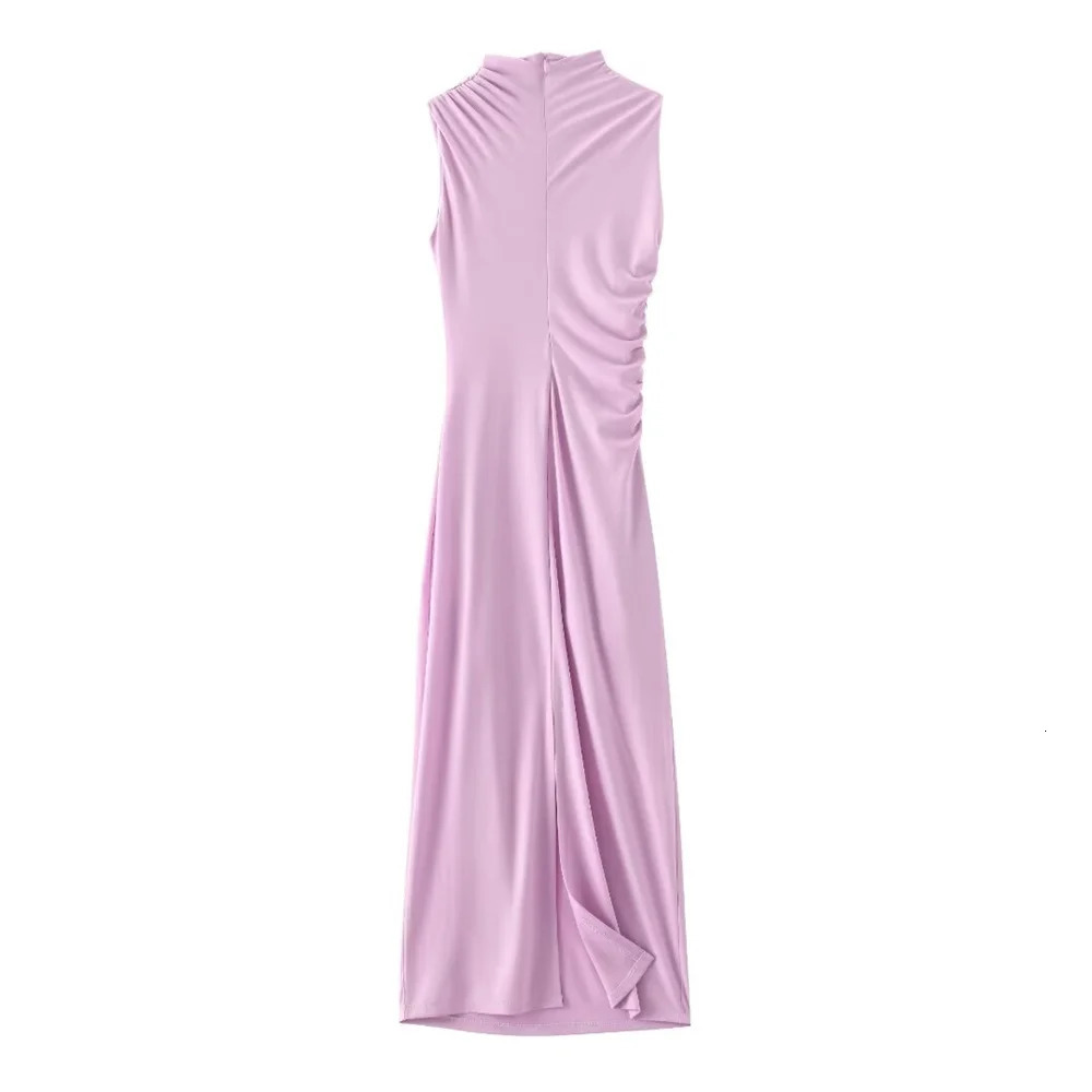 European And American Style 2024 Spring And Summer Womens Fashionable Temperament Solid Color Pleated Decorative Dress 250121