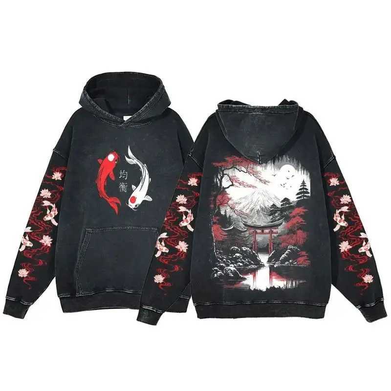 Y2K Harajuku Hoodie Men Ukiyoe Koi Fish Vintage Acid Wash Sweatshirt Hoodies Teen Hip Hop Long Sleeve Oversized Gothic Pullover W250117