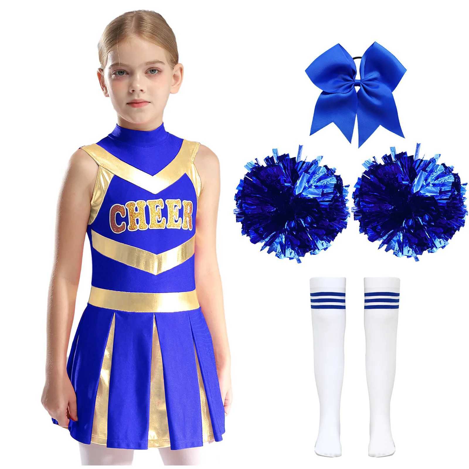 Kids Cheer Dance Outfit Girls Letter Print Pleated Dress Headwear Flower Balls Socks Cheerleader Costume Cheerleading UniformW250121