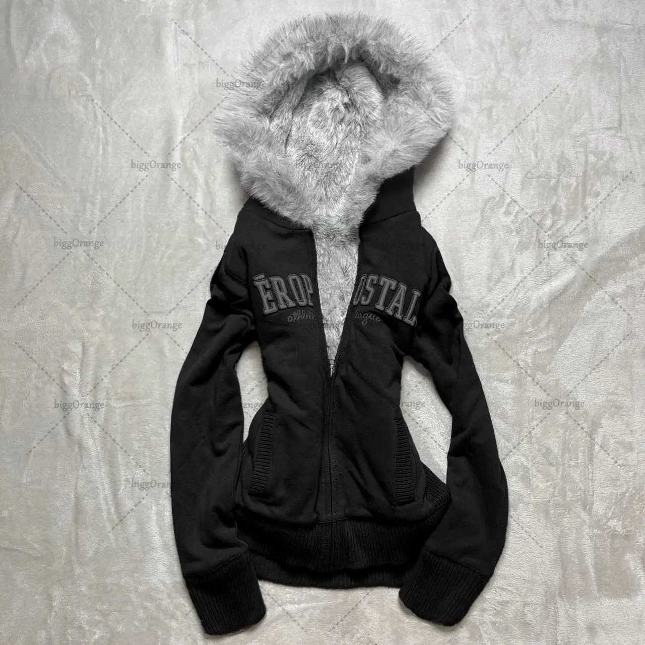 Hip hop fashion brand street clothing jacket Y2K Harajuku personalized fur collar ultra-thin zipper hoodie womens retro casual sportswear W250117