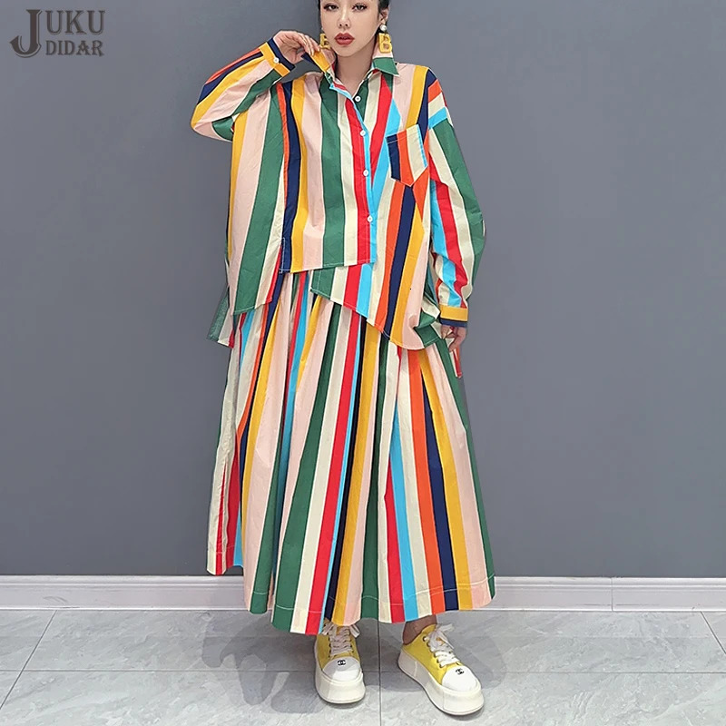 Korean style multicolor striped loose womens casual twopiece irregular shirt and skirt decal set JJSE033 250122