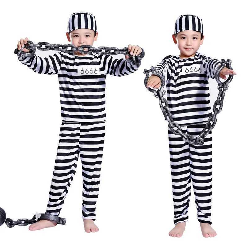 Adult Kids Striped Prisoner Costume Prison Suit Uniform Chains Family Matching Outfits Cosplay Clothes For Party Halloween W250117