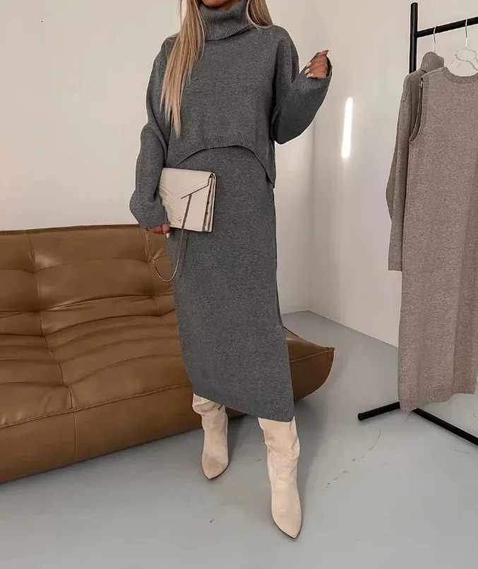 Two-Piece Sets Womens Warm Turtleneck Knitted Elegant Long Sleeve Sweater Pullover Wrap Hip Knit Buttocks Midi Dress Outfits 250122