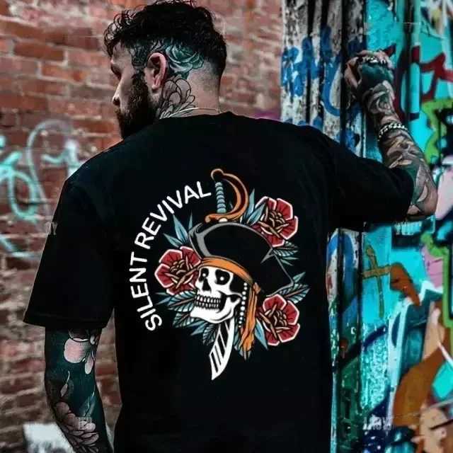 Gothic Harajuku bicycle skull graphic T-shirt mens fashion trend short sleeved top dark punk skull retro T-shirt mens oversized T-shirt W250117