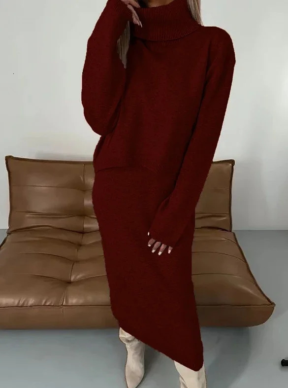 Two-Piece Sets Womens Warm Turtleneck Knitted Elegant Long Sleeve Sweater Pullover Wrap Hip Knit Buttocks Midi Dress Outfits 250122