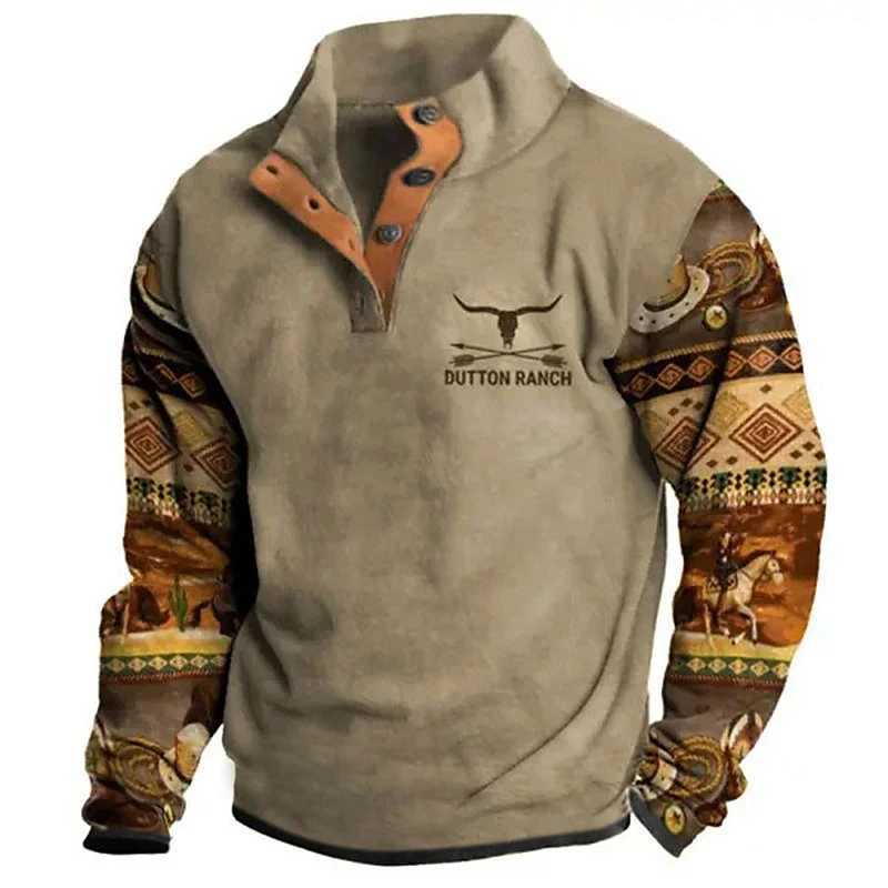 Mens Hoodie Autumn Long Sleeve Sweatshirt Vintage Aztec Cow Skull Print Oversized Y2K Clothing Button Fashion Hoodies for Men W250117