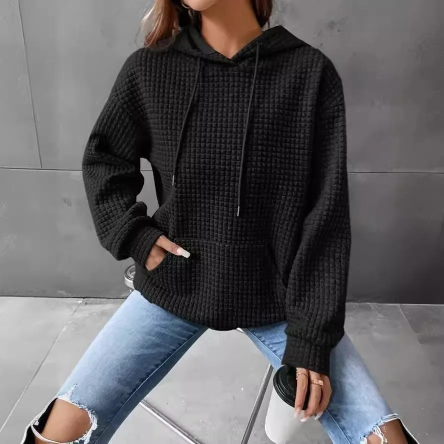 Womens hooded sweatshirt spring and autumn style waffle fashion beautiful solid color drawstring loose 250122