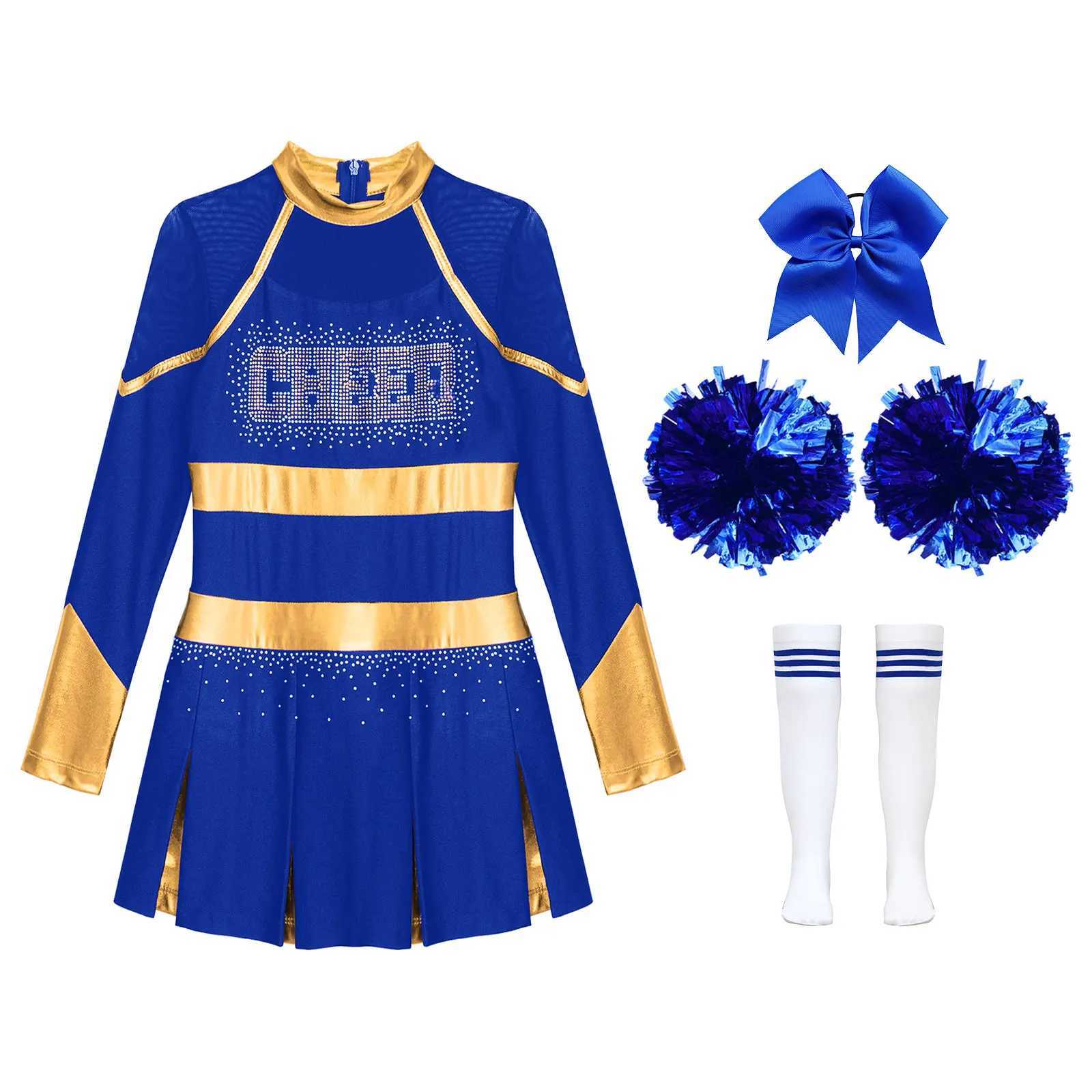 Kids Girls Cheerleading Costume Cheerleader Uniform Metallic Long Sleeve Dress Hand Flowers Socks Schoolgirls Team Dance OutfitsW250121