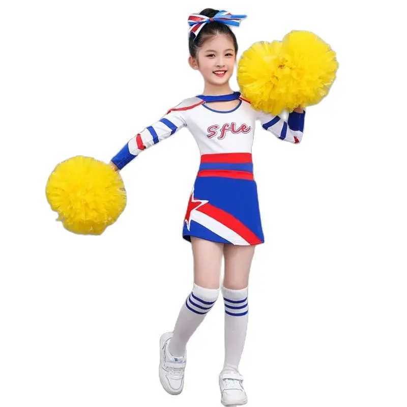 Long sleeved blue girl cheerleading uniform childrens and womens cheerleading dance set round necklace splicing style fluffyW250121