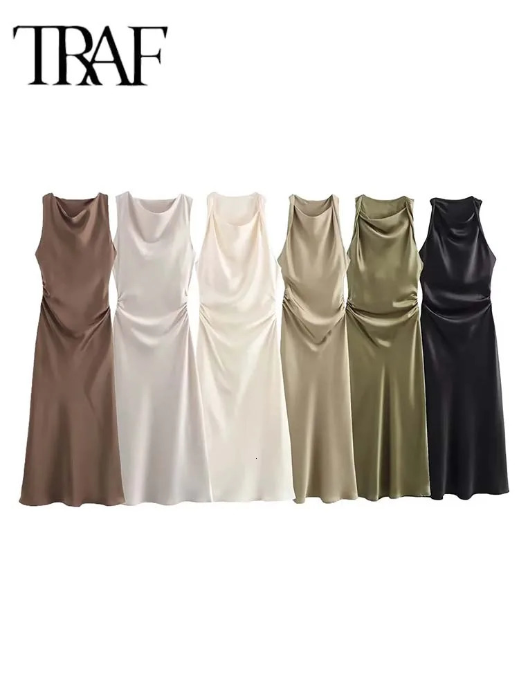 TRAF Satin Long Dresses for Women 2024 Summer Slip Midi Dress Woman Sexy Evening Party Sleeveless Female Elegant 250121