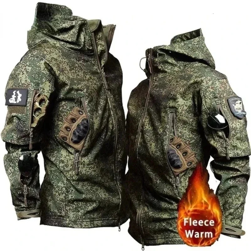 Winter Russian Camo Fleece Hooded Mens Jacket Multiple Pocket Zipper Waterproof and Windproof Hunting Tactical Coat Clothing 250122
