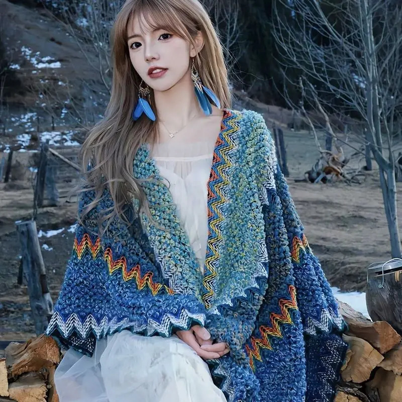 110x125cm Fashion Outerwear Knitted Shawl Tourism Ethnic Style Retro Cloak Tourism Cloak Tassel Scarves Vacation Party Gift 250120
