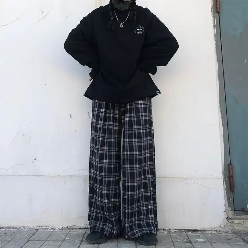 Summer Plaid Pants Women S3XL Casual Chic Oversize Loose Wide Leg Trousers for Harajuku High Waist Hiphop Female 250122