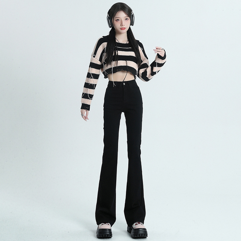 New hot-selling black micro-pull jeans women's autumn new high-waisted elastic high-looking thin small horseshoe pants
