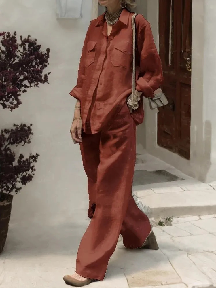Women Linen And Cotton Two-piece Set Loose Collared Pants Pocket Shirt Wide Legs Spring And Autumn 250120