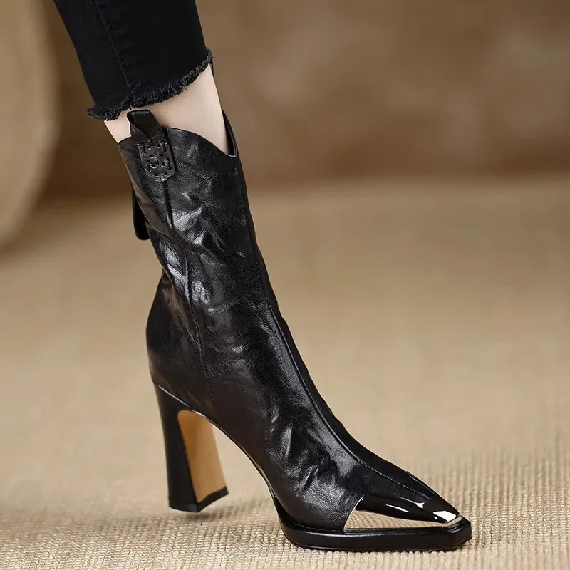 Metal Square Toe Ankle Boots for Women Fashion Patent Leather Womens Shoes Botas Mujer High Heels Zapatos 250117