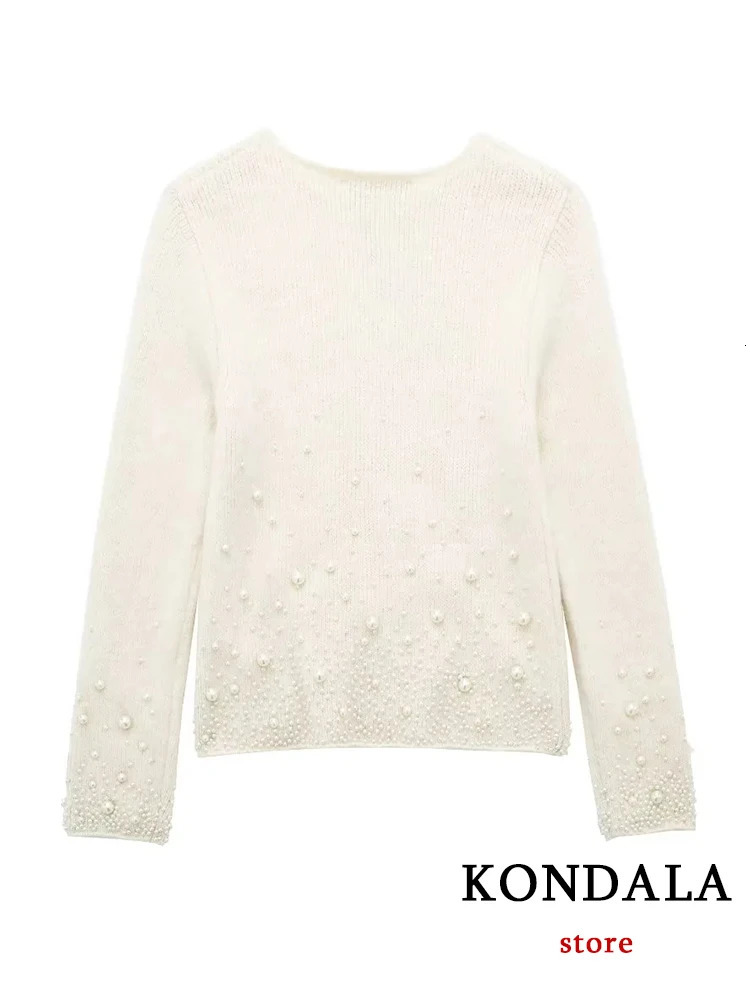 KONDALA Vintage Knitted Pearl Women Suits Long Sleeve O Neck Thick SweaterHigh Waist Knit Skirts Fashion 2025 Elegant Set 250122
