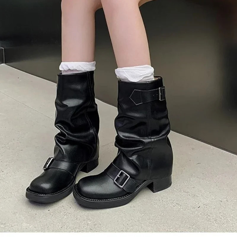 Autumn Winter Thick High Heels Women Mid Calf Boots Gothic Calves Motorcycles Buckle Comfy Walking 250117