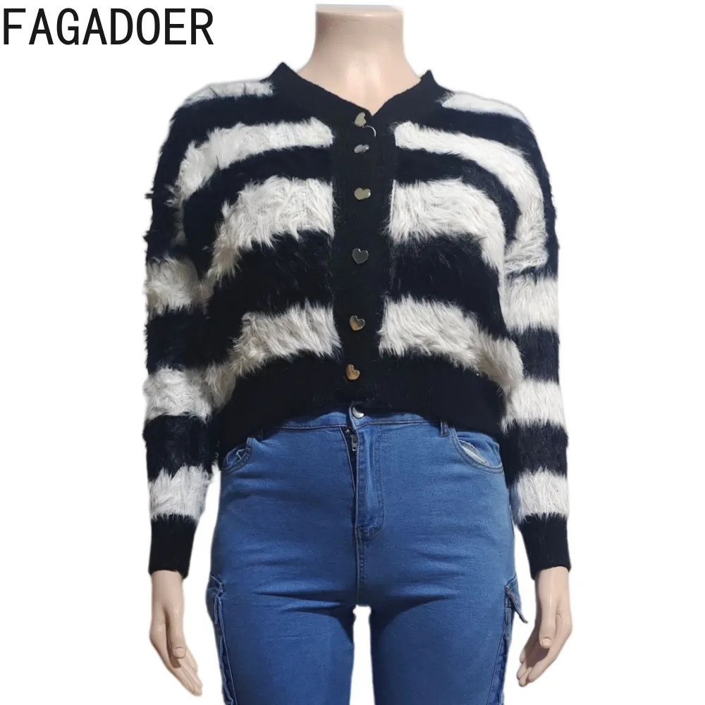 FAGADOER black and white striped printed casual knitted top for women V-neck button up long sleeved cardigan spring ultra-thin streetwear 250122