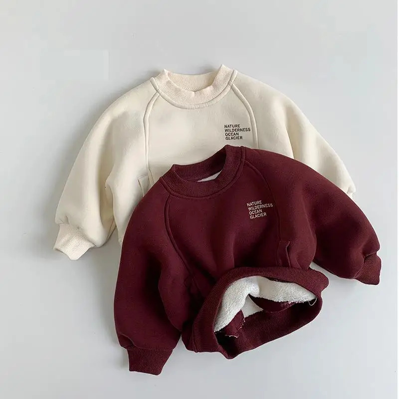 2025 Winter Children Plus Velvet Thick Sweatshirt Girls Letter Print Pullover Sweatshirt Boys Fleece Warm Tops Kids Clothes 250121