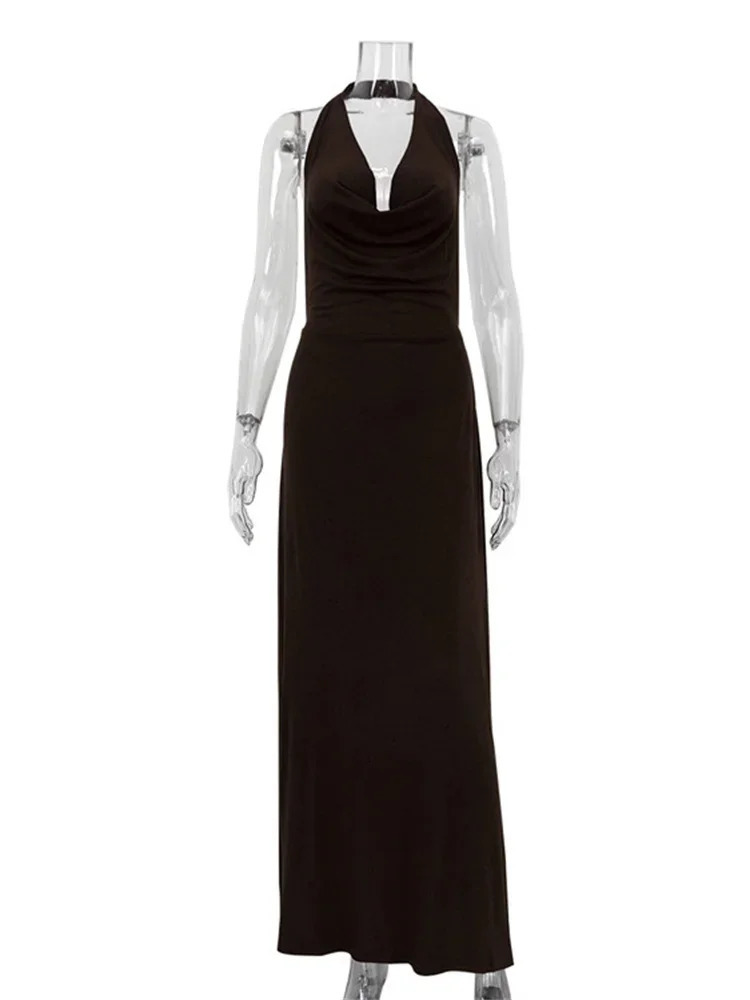 Tossy Sexy V-Neck Backless Maxi Dress Female Slim High Waist Sleeveless Halter Elegant Party Dress Women Solid Long Dress 2025 250113
