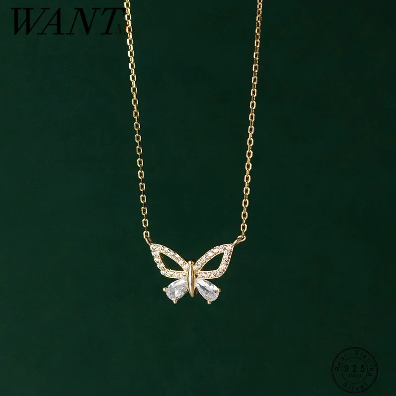 WANTME 925 Sterling Silver Shiny CZ Romantic Butterfly Clavicle Pendant Charm Necklace for Women Fashion Wedding Party Jewelry 250117