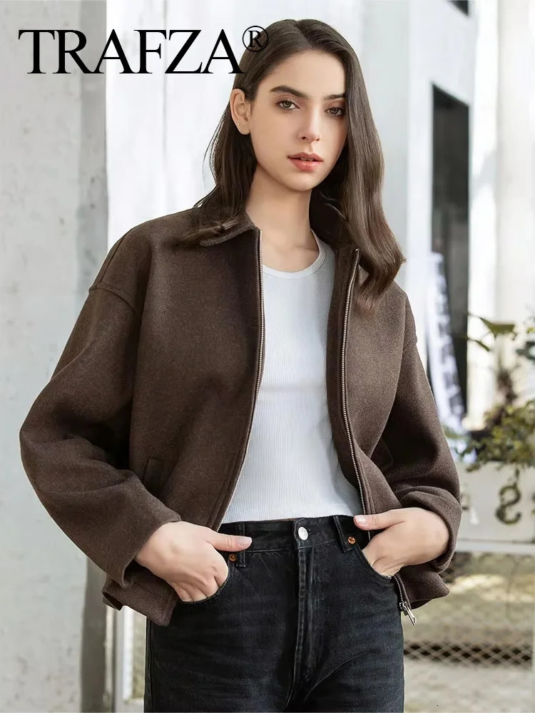 TRAFZA Womens Solid Colour Zip Tweed Jacket Fashion Female Loose Lapel Warm Street Jackets Simple Top Coat 250122