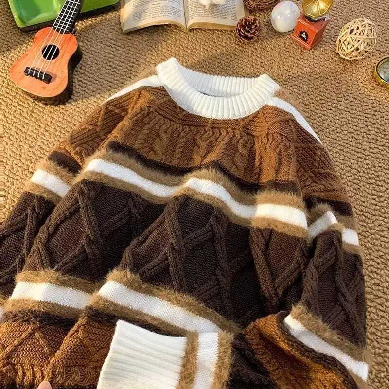 American winter new men and women trendy personalized round neck sweater for couples loose retro casual knit sweater top y2k W250117